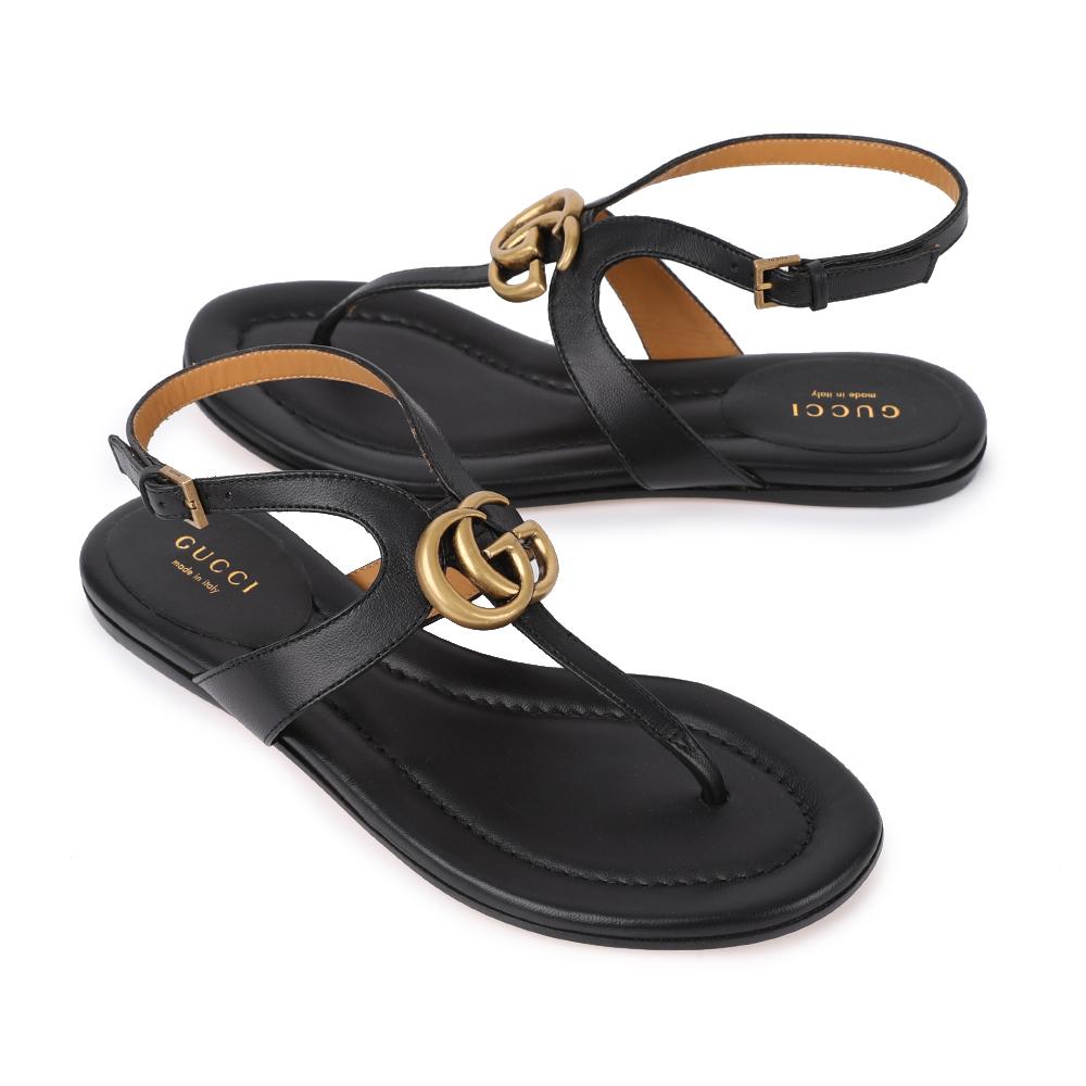 GUCCI Double G T-Strap Sandals Women’s Black Leather Sandals