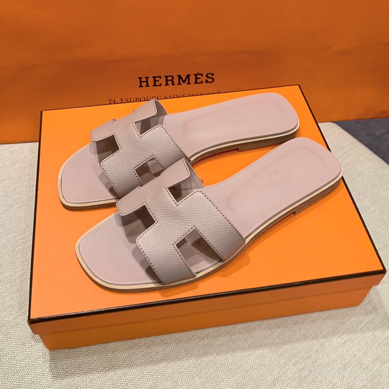 HERMES Oran Sandals Pink Beige Calfskin Women’s Slippers