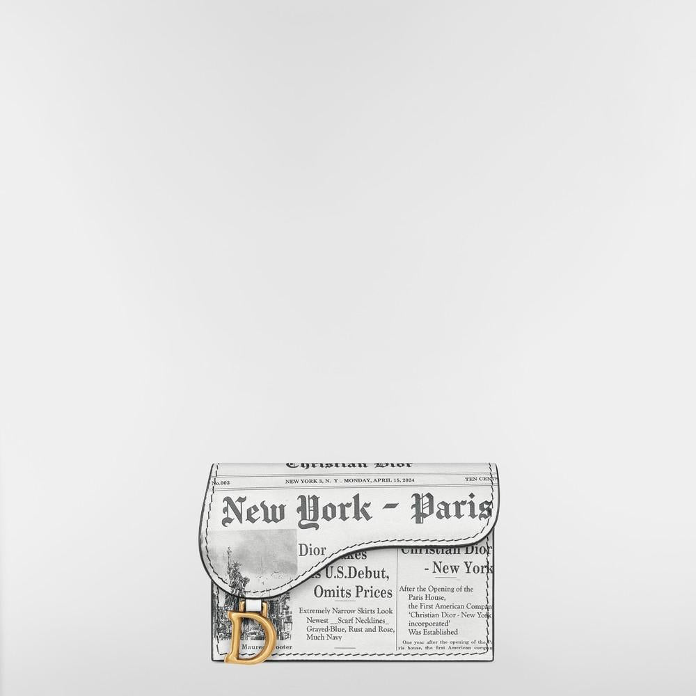 DIOR Saddle Bloom Calfskin Card Holder White Black Newspaper Print