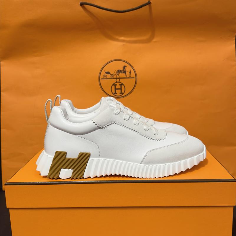 HERMES White Leather Two-Tone Brown Black H Logo Low-Top Sneakers