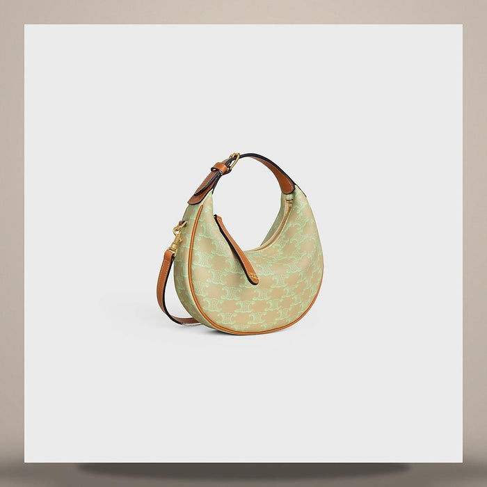 CELINE Tan Triomphe Canvas Lambskin Chain Clutch Tote Bag