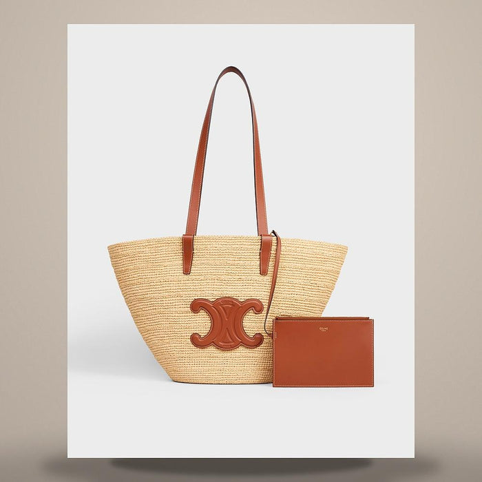 CELINE Medium Supple Classic Panier Raffia Calfskin Tan Tote Bag