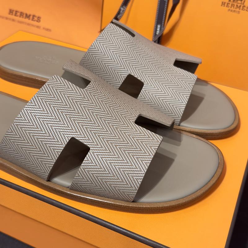 HERMES Izmir Sandals Chevron Beige Calfskin Men's Slippers