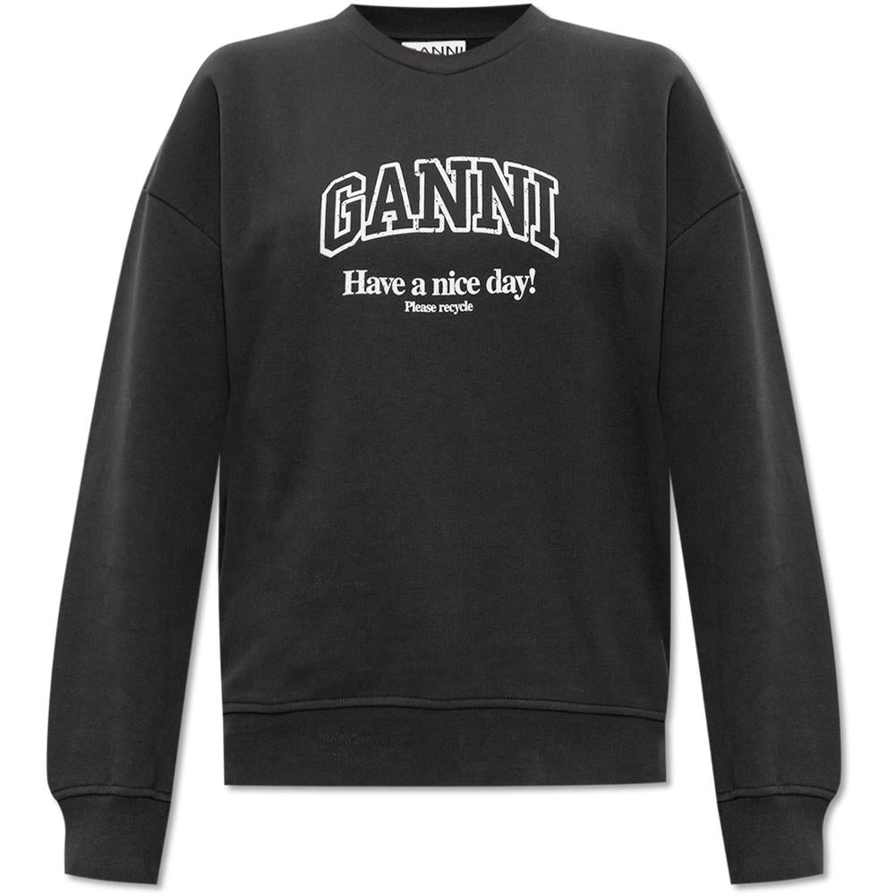 GANNI Charcoal Logo Print Fleece Sweatshirt