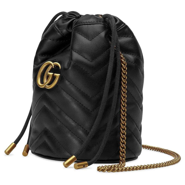 GUCCI GG Marmont Mini Bucket Bag Black Leather Shoulder Bag