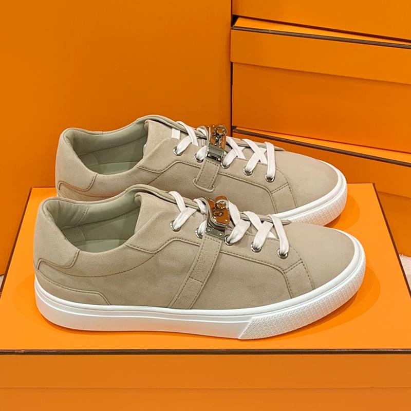 HERMES Brown Calfskin Low-Top Sneakers with Rose Gold Kelly Buckle