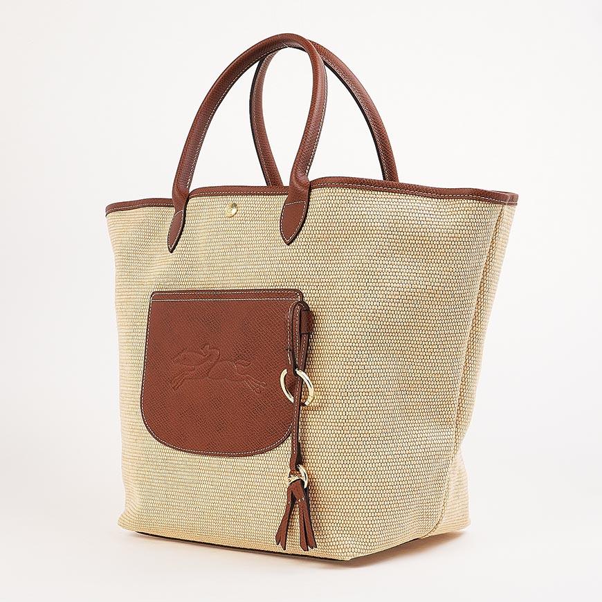 Longchamp L Basket Bag Women’s Tote Beige Woven Leather Trim