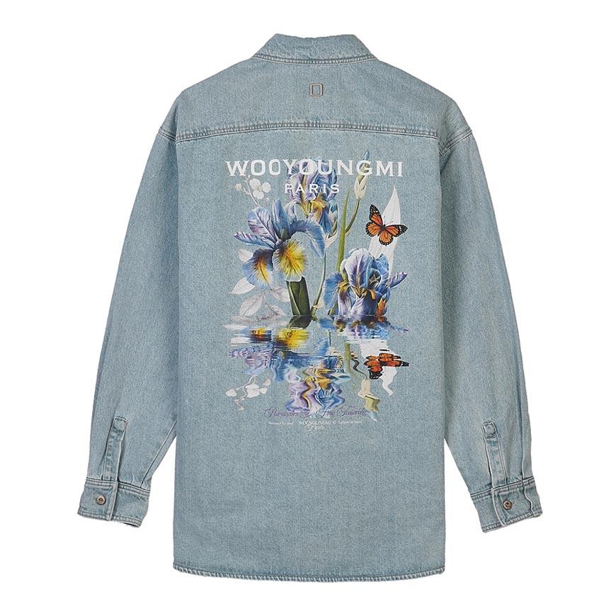 WOOYOUNGMI Men’s Denim Shirt Flower Back Logo Long Sleeve