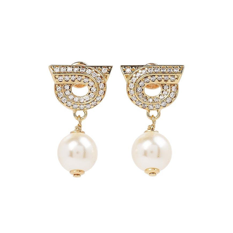 Ferragamo Crystal Gancini Pearl Drop Earrings Gold Tone Women