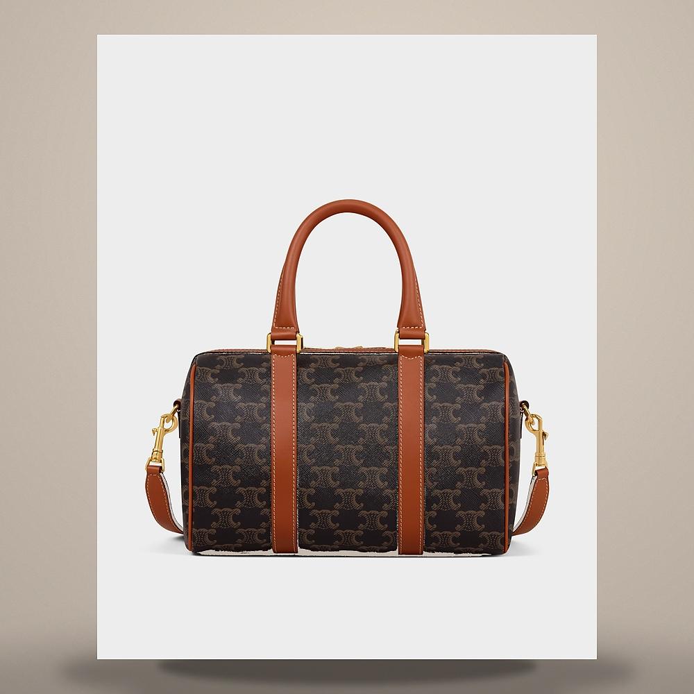 CELINE Medium Boston Triomphe Canvas Calfskin Tote Bag Tan
