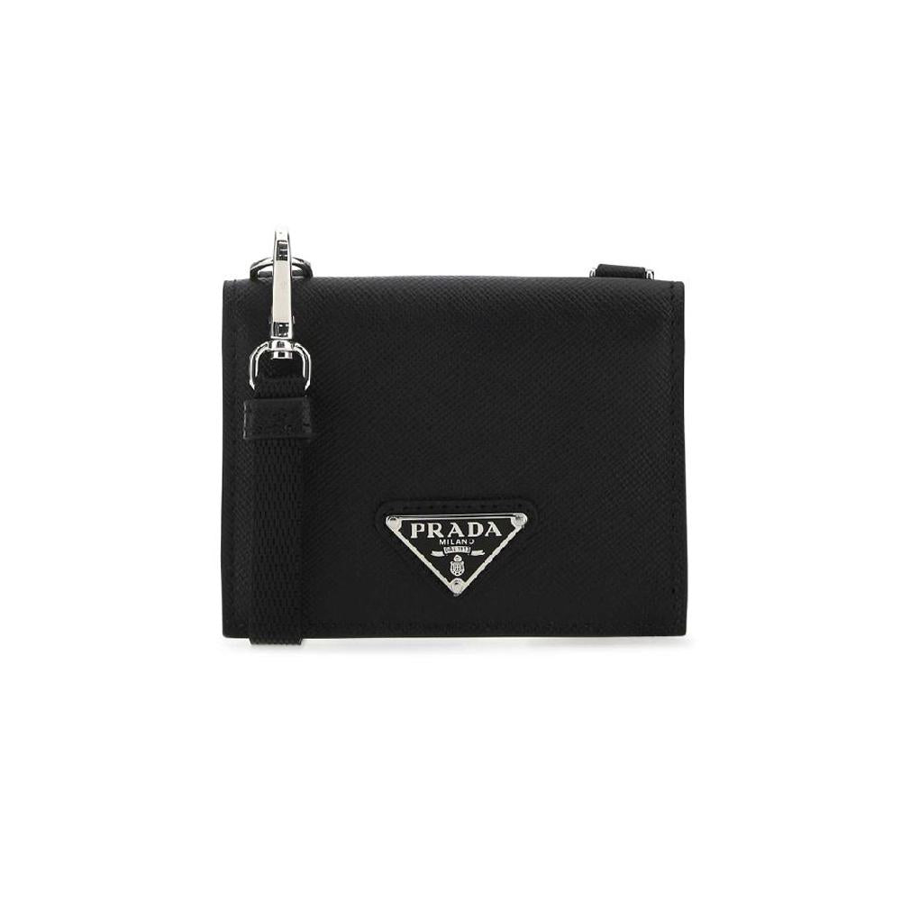 PRADA Saffiano Leather Logo Strap Coin Card Holder Wallet Black