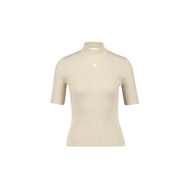 courreges Sand Beige Logo High Neck Short Sleeve Knit T-Shirt Women