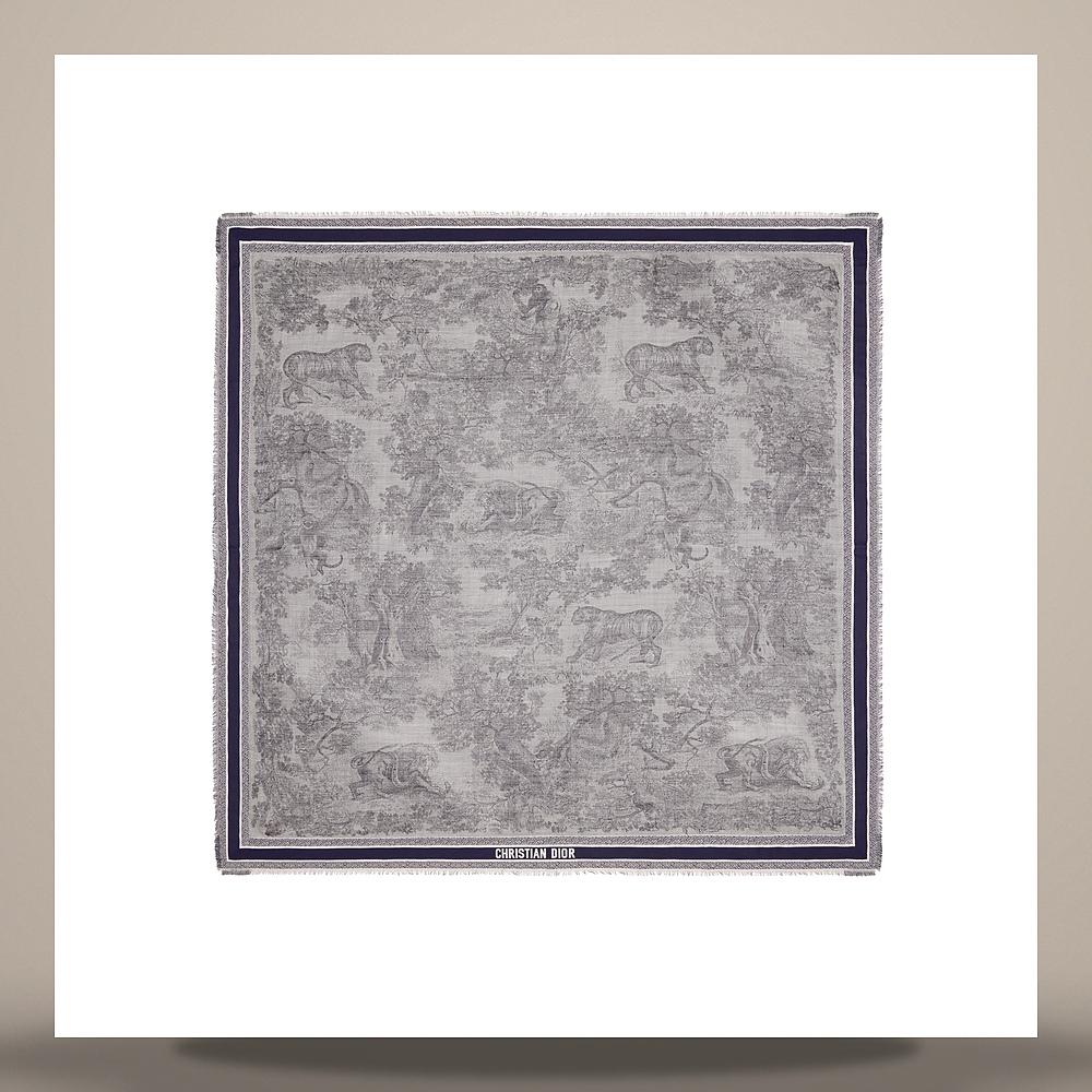 DIOR Toile de Jouy Ivory Blue Wool Silk Cotton Scarf