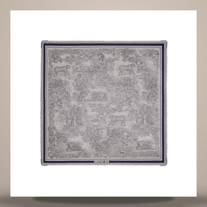 DIOR Toile de Jouy Ivory Blue Wool Silk Cotton Scarf