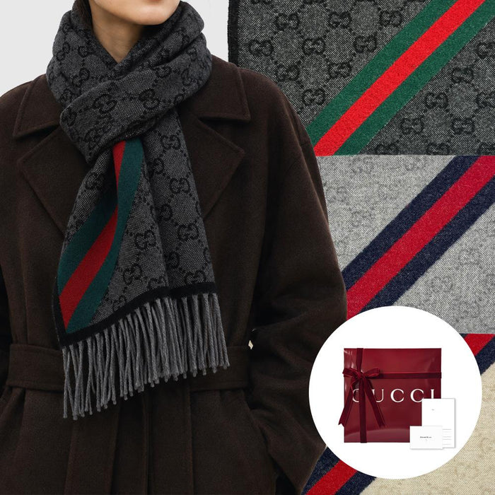 GUCCI Web Logo GG Pattern Stripe Wool Scarf