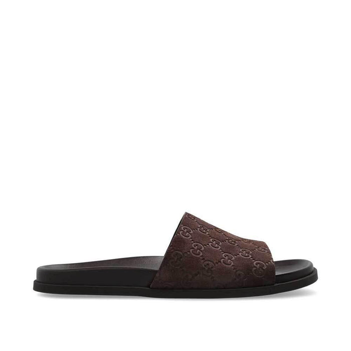 GUCCI Men’s GG Logo Slide Sandals Brown Leather Slippers