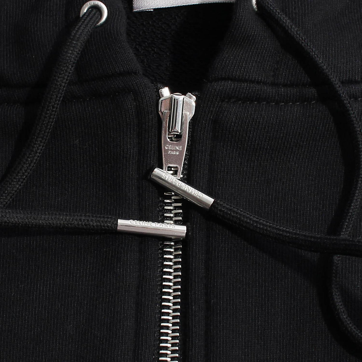CELINE Black Cotton Fleece Embroidered Back Logo Zip Hoodie