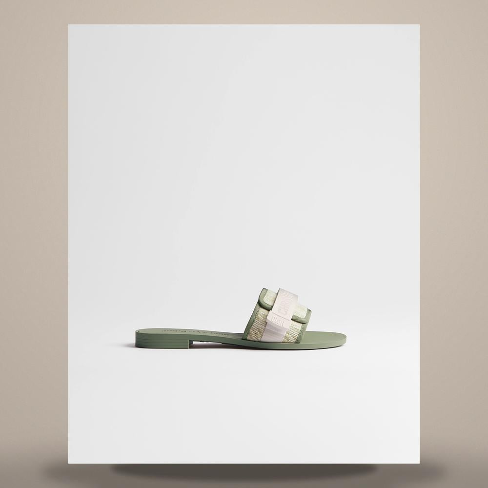 DIOR White Green Dior Oblique Washed Linen Evolution Slide Sandal KCO674LIO S92W