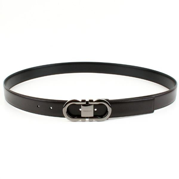 Ferragamo Hickory/Nero Reversible Double Gancini Square Buckle 30mm HICKORY NERO