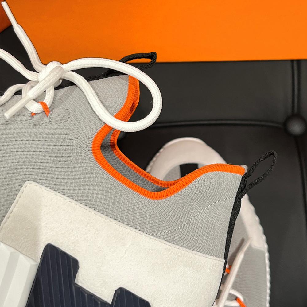 HERMES Gray Knit Calfskin H Logo Two-Tone Slip-On Low-Top Sneakers