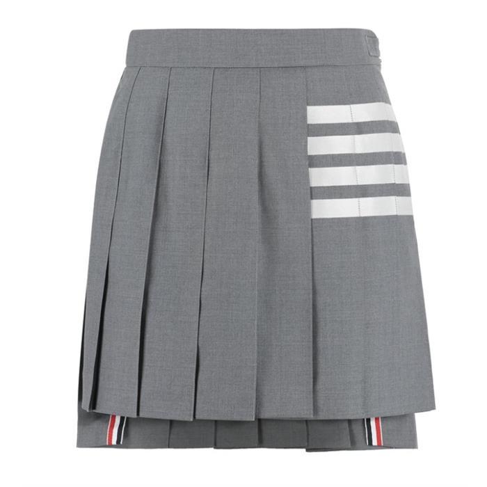THOM BROWNE Stripe Drop-Back Wool Pleated Mini Skirt Gray