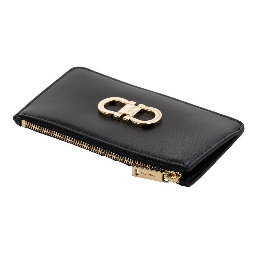 Ferragamo Gancini Leather Bifold Card Holder Black Red Women’s