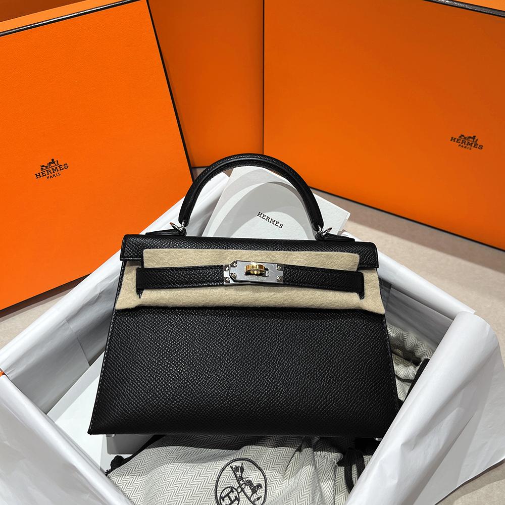 HERMES Mini Kelly Tote Bag Black Mixed Gold Silver Hardware