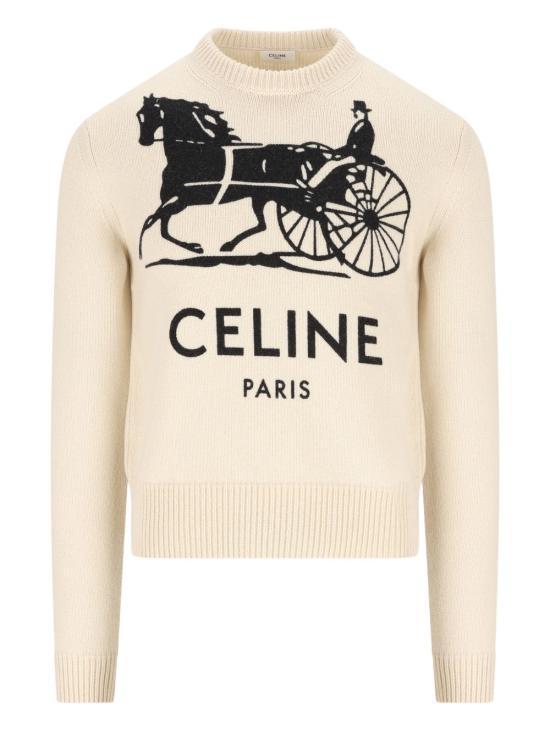 CELINE White Black Wool Round Neck Knit Sweater for Men