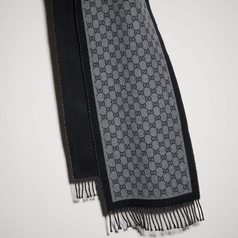 GUCCI GG Wool Jacquard Scarf Muffler Black Gray