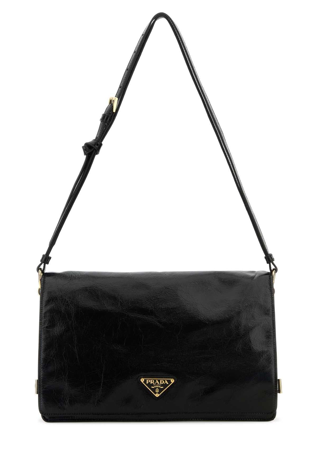 PRADA Black V Logo Leather Shoulder Bag