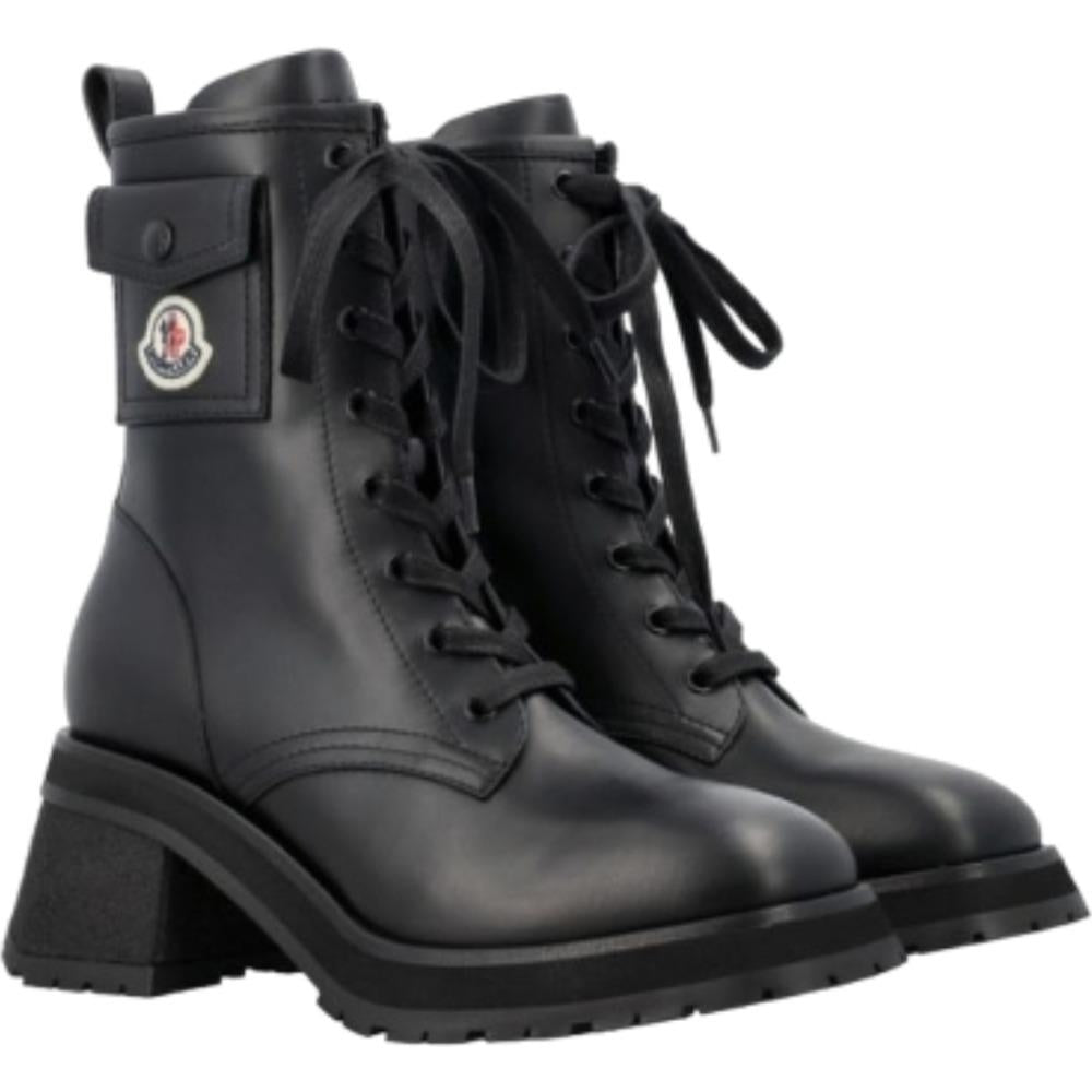 Moncler Black Logo Patch Flap Pocket Lace-Up Ankle Boots