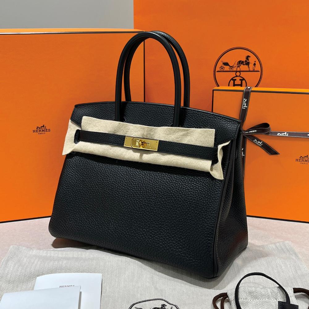 HERMES Birkin 30 Togo Leather Tote Black Gold Hardware Unisex