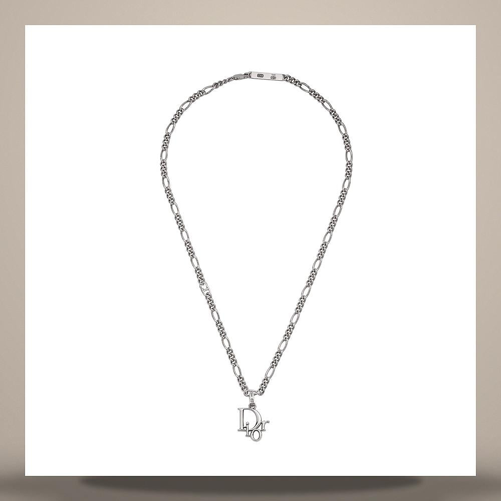 DIOR Silver Chain Link Logo Charm Necklace N3798HOMST D990