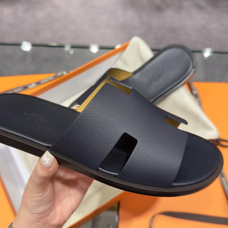HERMES Izmir Sandals Calfskin Epsom Leather Navy Men's Slippers