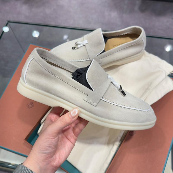 Loro Piana Suede Summer Charms Walk Loafers Beige White Charm