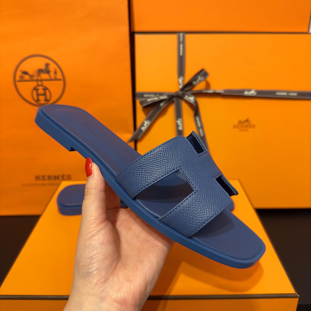 HERMES Women’s Oran Sandals Calfskin Blue Navy Slippers