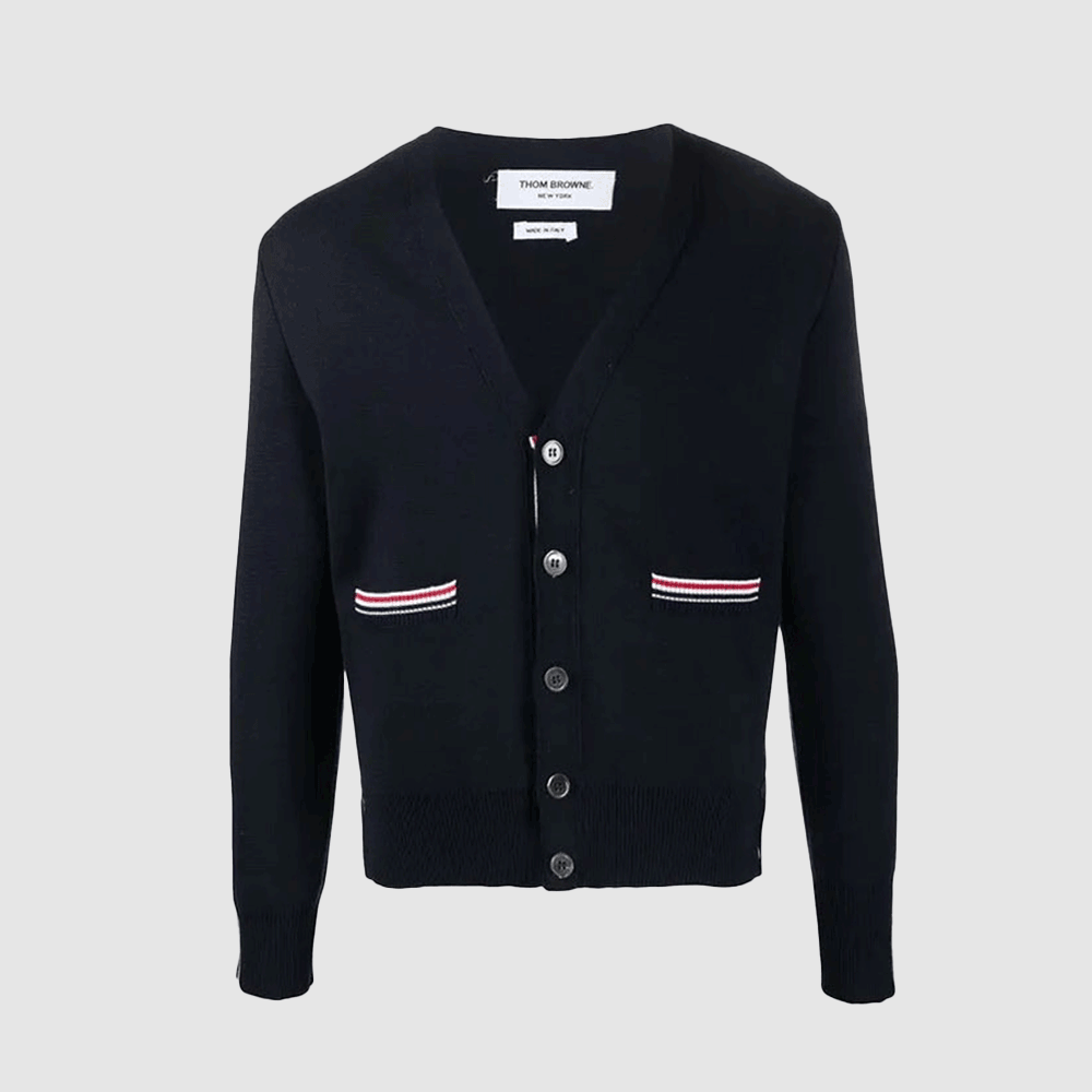 THOM BROWNE Men’s Side Intarsia Wool Cardigan Navy