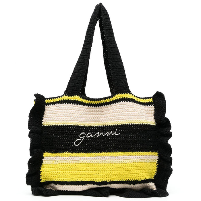 GANNI Logo Embroidered Crochet Multi-Color Tote Shoulder Bag