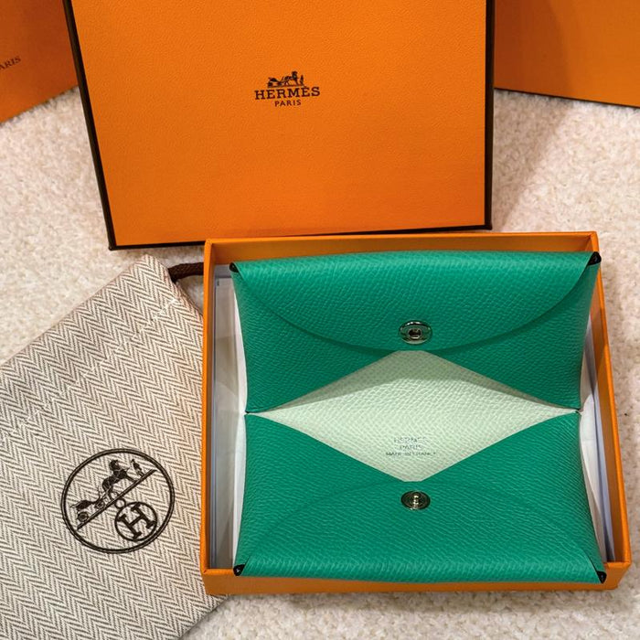 HERMES Goat Leather Calvi Verso Card Holder Mint Palladium