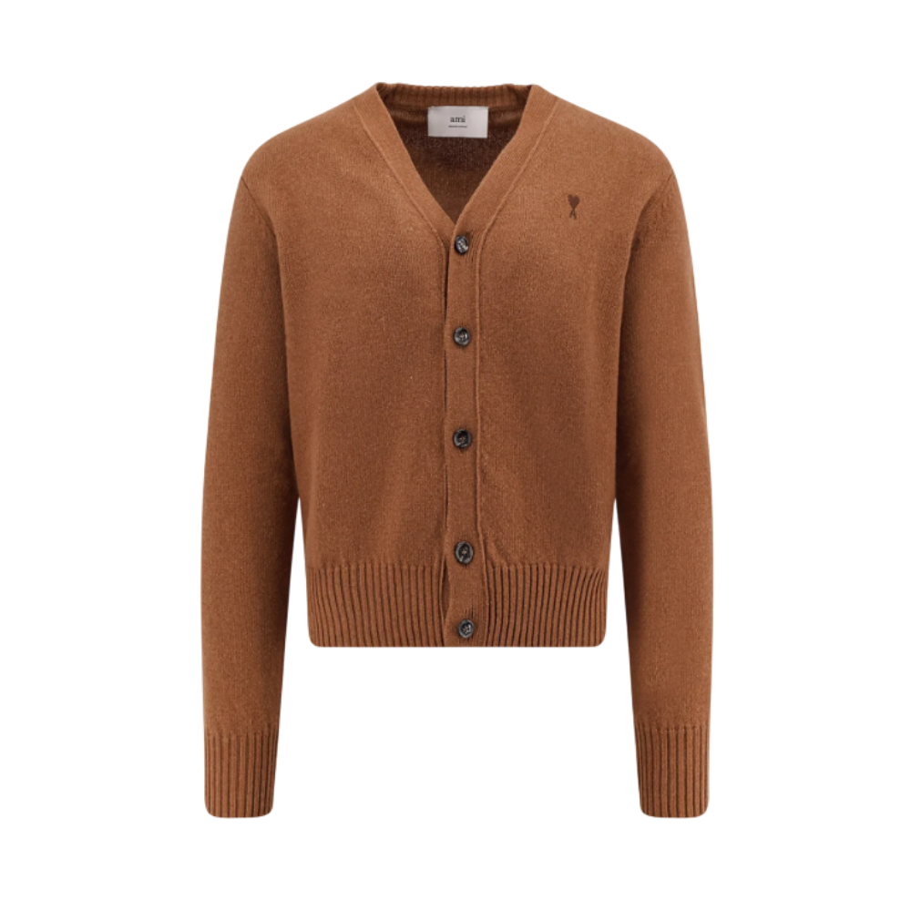 AMI Tonal Heart Logo Cashmere Wool Cardigan Men Brown HKC363 005 216