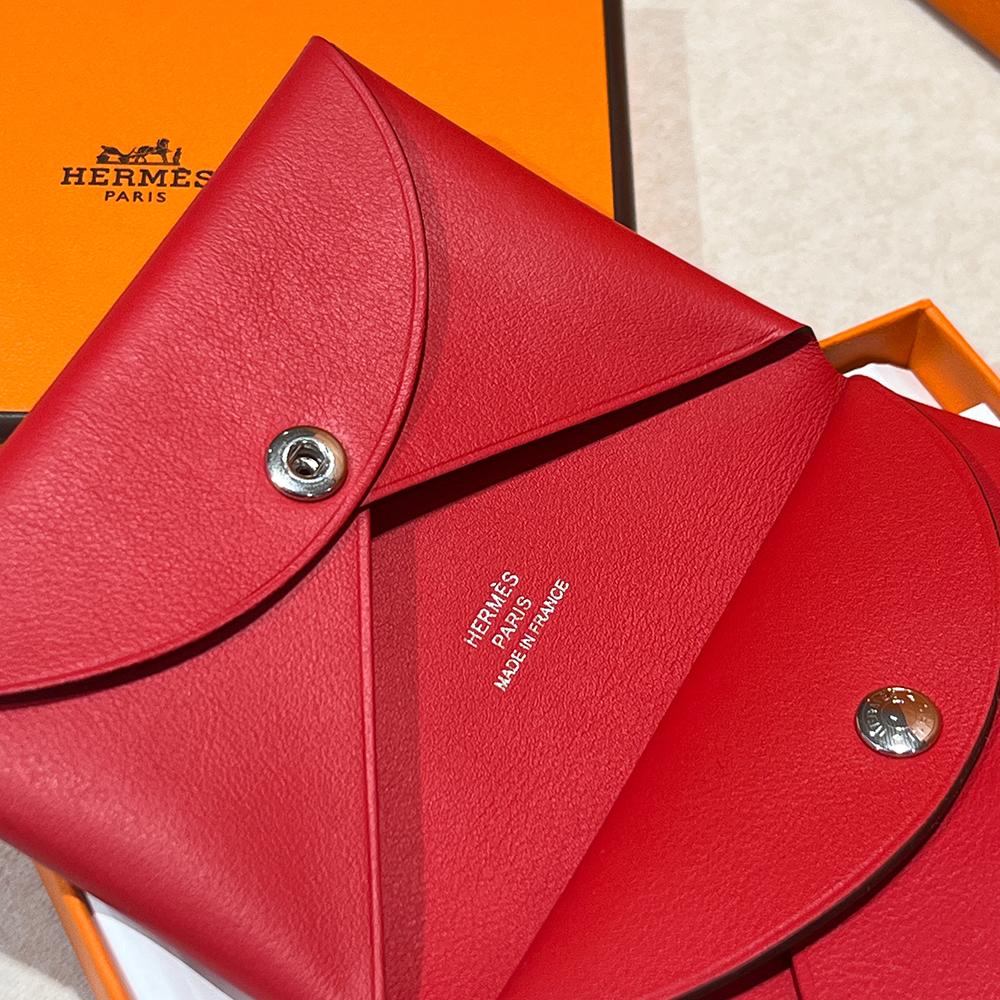 HERMES Red Swift Leather Calvi Duo Compact Card Holder Palladium Hardware