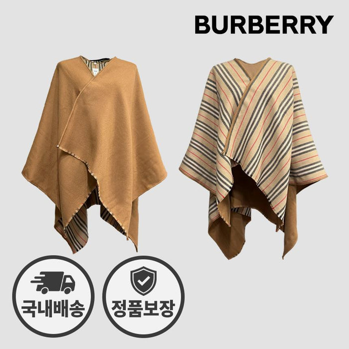 BURBERRY Icon Stripe Wool Reversible Cape Poncho Brown