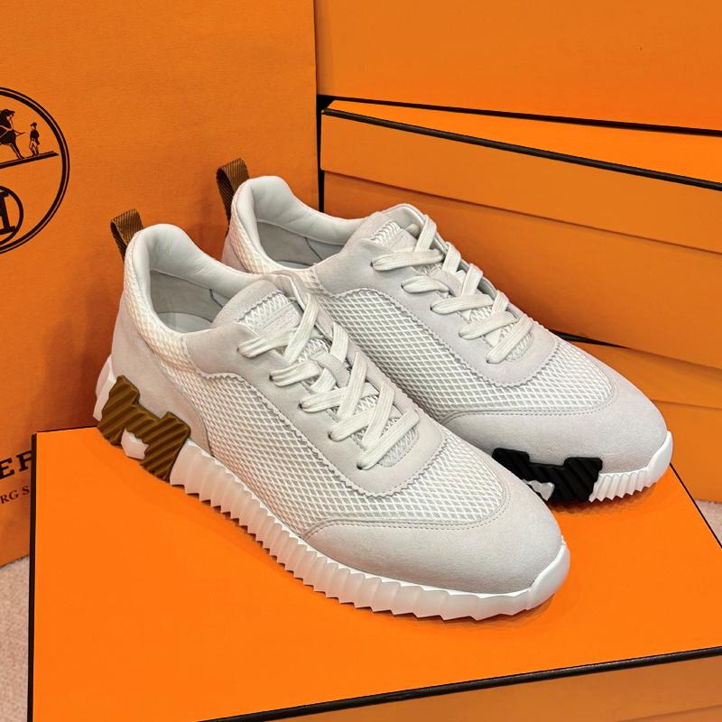 HERMES White Mesh H Brown Black Low Top Sneakers