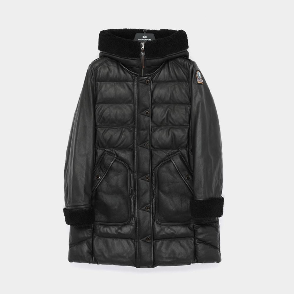 Parajumpers Demi Patch Logo Hooded Leather Long Down Puffer Jacket PWJKSE33 0541