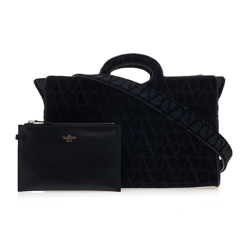 VALENTINO Garavani Iconography Black Leather Shopper Tote Bag