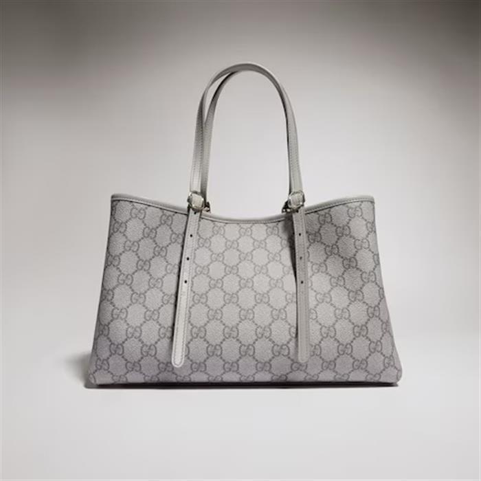 GUCCI GG Emblem Small Tote Bag Gray Leather Shoulder Bag