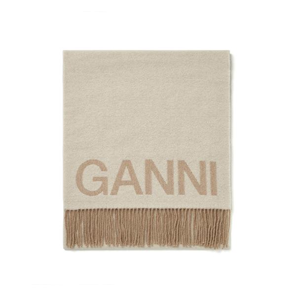GANNI Intarsia Logo Wool Fringe Scarf A3909 135