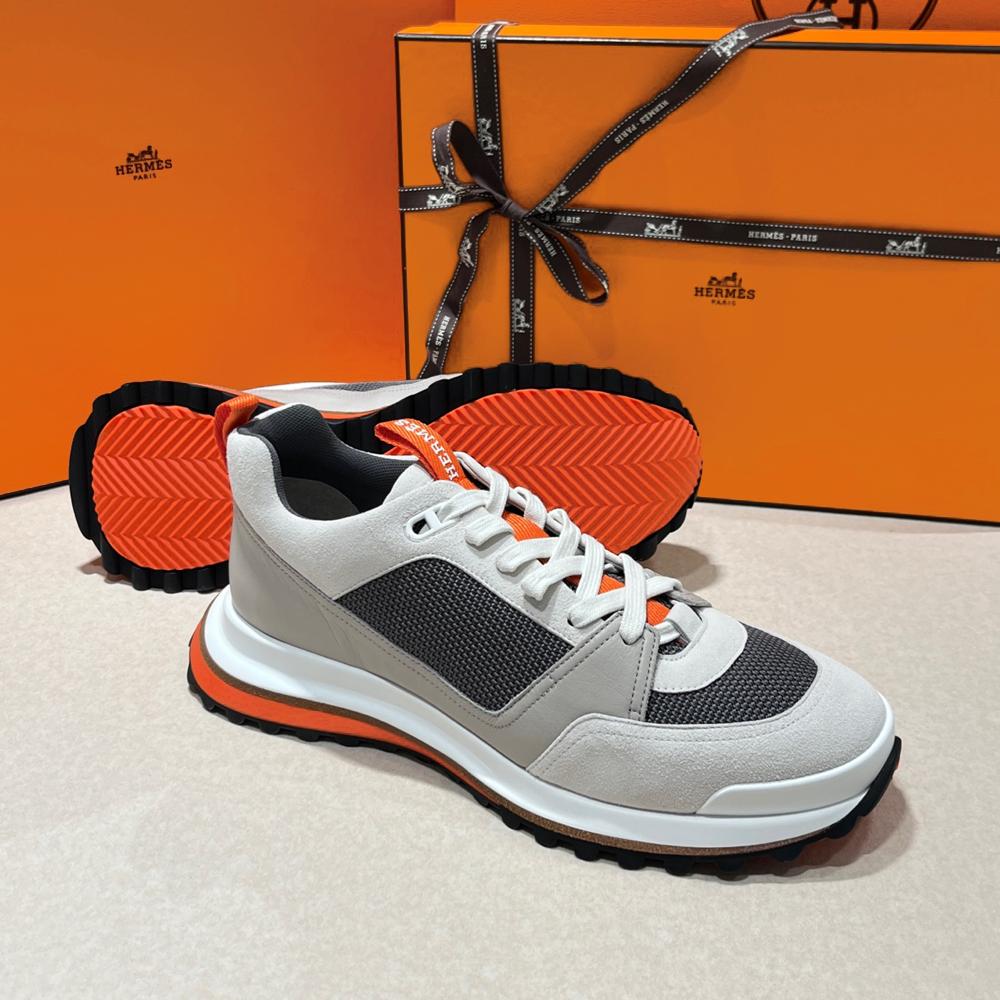 HERMES Men’s Low-Top Sneakers Gray Orange Calfskin Suede