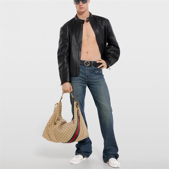 GUCCI Brera Large Crossbody Bag Beige GG Canvas Leather Trim