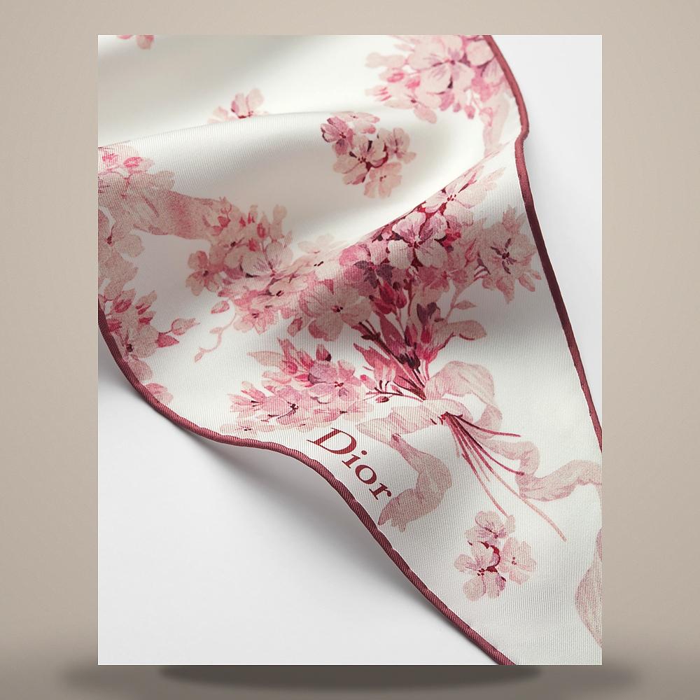 DIOR Lilac Bouquet Diamond Silk Twill Scarf Ivory Pink 64TD101S6129 C416